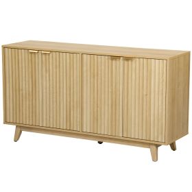 Fluted Sideboard Buffet Cabinet, 55" Coffee Bar Cabinet with 4 Doors, 2 Adjustable Shelves, 5 Wood Legs, Nature Wood