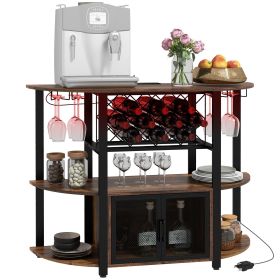 Wine Liquor Cabinet, Mini Bar Table Wine Stand with Charging Station, LED Lighted & Glass Holders for Home, Rustic Brown