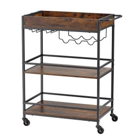 Bar Cart, 3 Tiers Home Kitchen Serving Carts, Industrial Rolling Utility Station on Wheel, Mobile Drink Beverage Shelf with Wine Rack & Glass Holder
