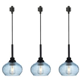 3-Light H-Type Track Pendant Light Fixture with Blue Water Ripple Glass Shade, Decorative Track Lighting Fixture for Kitchen Island Hallway, Blac