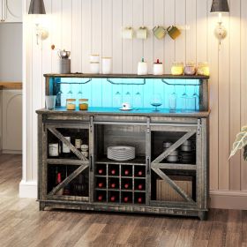 55" Coffee Bar Cabinet with Lights, Farmhouse Wine Cabinet with Wine and Glass Racks for Kitchen, Dining Room, Brown