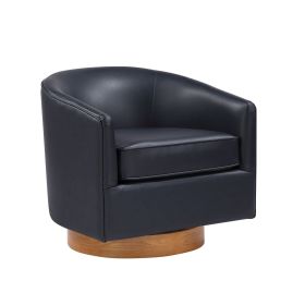 Maisy Midnight Blue Faux Leather Wood Base Barrel Swivel Chair