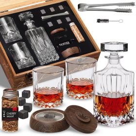 Whiskey Gift Set 14 pcs Whiskey Bottle and Old Fashioned Glasses 2 pcs Cocktail Smoker in Wodden Box with Wood Chips Whickey Stones 6 pcs Include
