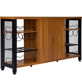 Industrial Bar Cabinet, 55 Inch Rustic Oak, 330 LBS Wine Table for Liquor with Wine Racks (24 Bottles), Glass Holders and Metal Sideboard