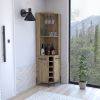 Corner Bar Cabinet, Two Shelves, Two Independent Single Door Cabinet, Five Built-in Wine Rack, Four Interior Shelves, Macadamia