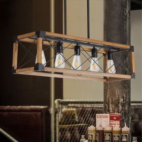 32" Walnut Industrial Farmhouse Rectangle Pendant Light, 5-Light Chandelier for Dining Room, Kitchen Island, Cafe Decor (No Bulbs)