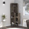 Corner Bar Cabinet, Two External Shelves, One Drawer, Two Interior Shelves, Dark Brown