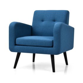 Mid-Century Modern Upholstered Accent Chair with Wooden Legs (Color: Blue Linen)