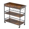 Bar Cart, 3 Tiers Home Kitchen Serving Carts, Industrial Rolling Utility Station on Wheel, Mobile Drink Beverage Shelf with Wine Rack & Glass Holder