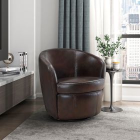 Luxury Living Room Furniture Swivel Chair Top Grain Leather Upholstery Solid Wood 1pc Barrel Back Accent Chair (Color: Bronze)