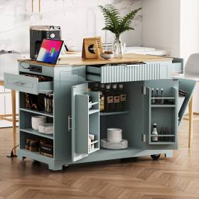 Fluted Kitchen Island with Trash Can Storage Cabinet, Power Outlet, Internal Storage Rack, Rolling Kitchen Islands on 5 Wheels with 3 Drawer (Color: Grey+Blue, Material: MDF,Rubber Wood)