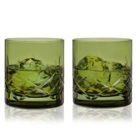Admiral Cut Crystal Rocks Glasses Viski (Set of 2) (Color: Green)